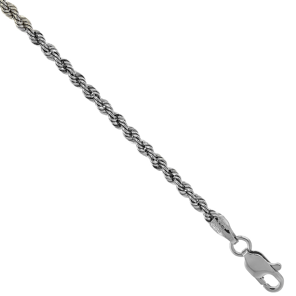 STERLING SILVER ROPE CHAIN NECKLACES & BRACELETS 3MM RHODIUM FINISH ITALY, SIZES 7 - 30 INCH