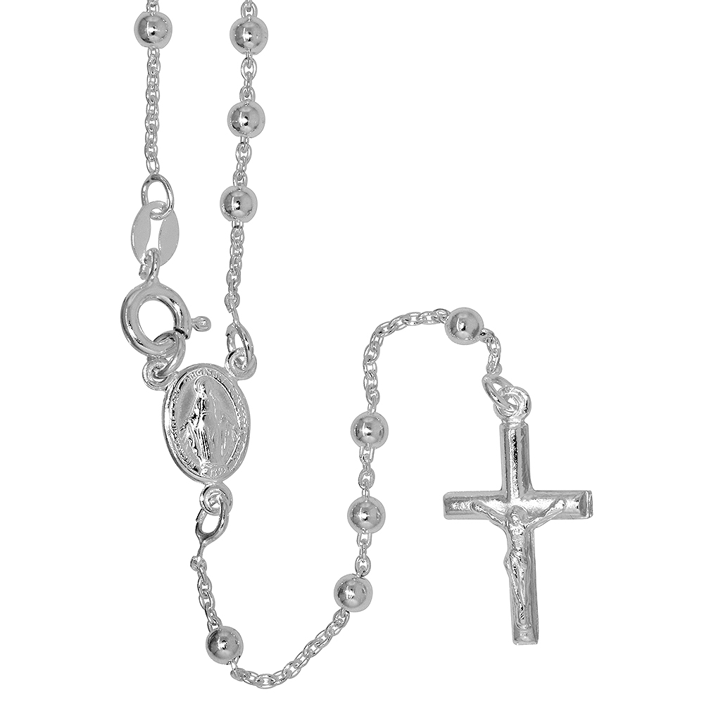 Sterling Silver 3mm Rosary Necklace for Women and Men Miraculous Medal Center Nickel Free Italy