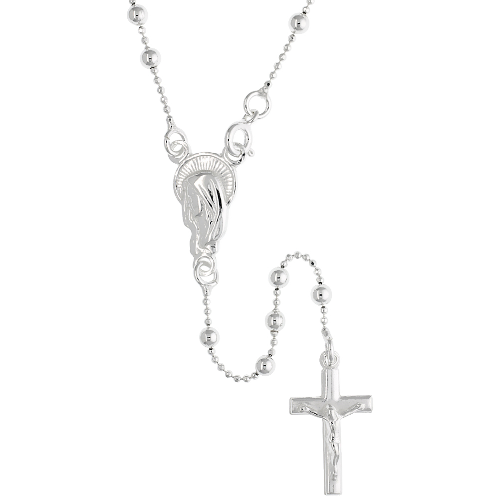 Sterling Silver Rosary Necklace 3mm Beads on Bead Chain made in Italy