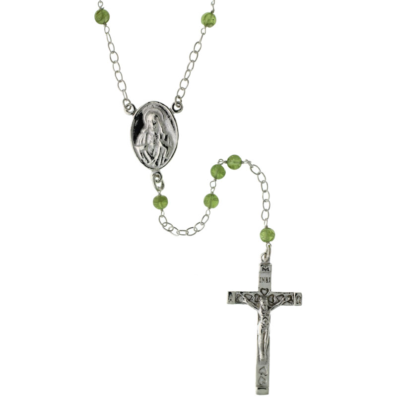 Sterling Silver 4mm Genuine Peridot Rosary Necklace Mother Mary & Sacred Heart of Jesus 26 inch
