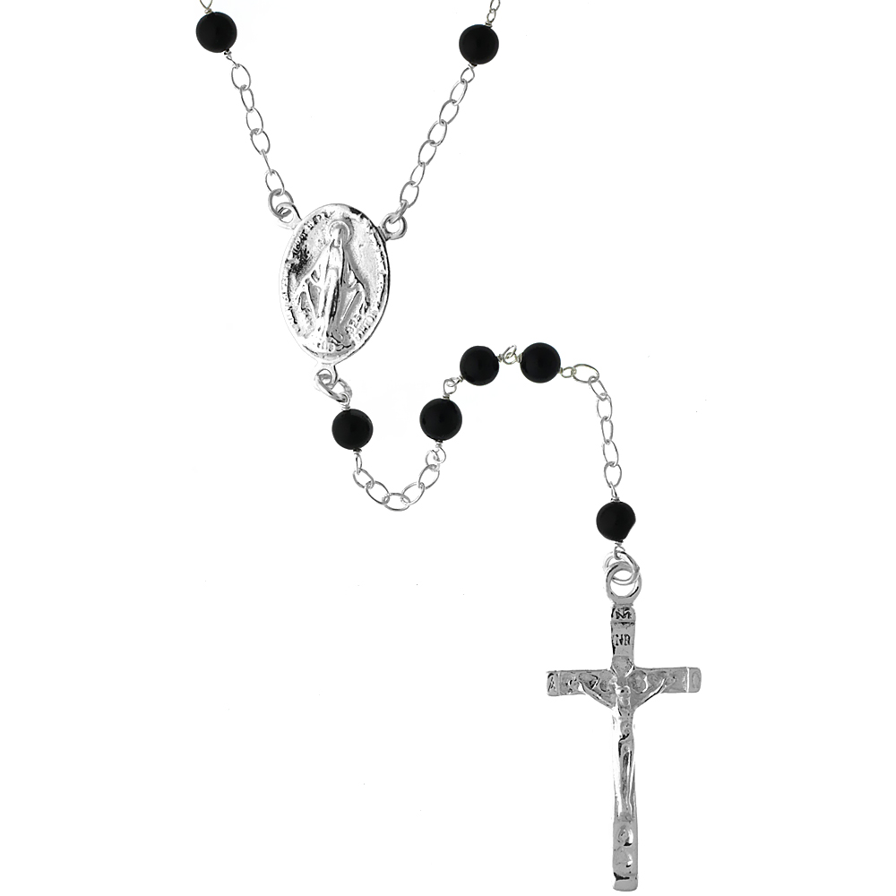 Sterling Silver 4mm Genuine Black Onyx Rosary Necklace Mother Mary & Sacred Heart of Jesus 26 inch