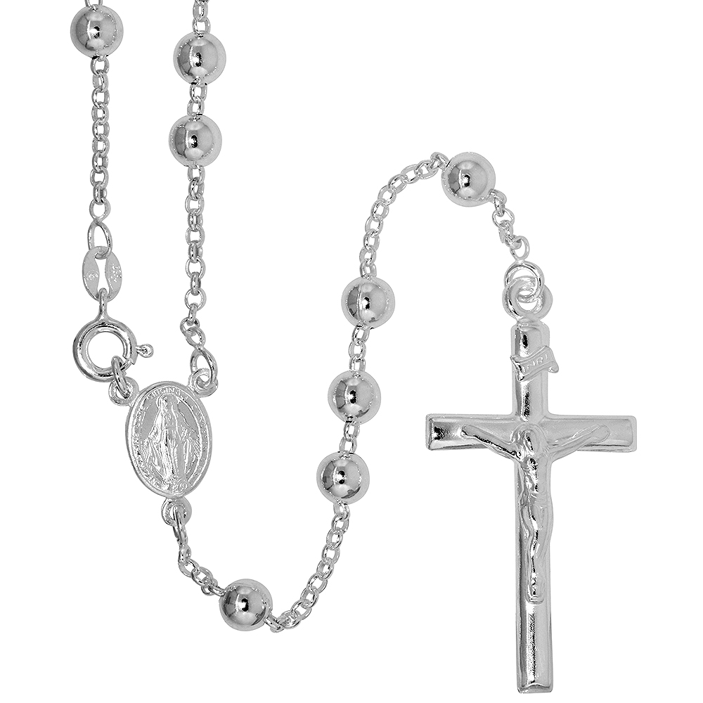 Sterling Silver 5mm Rosary Necklace for Women and Men Miraculous Medal Center Nickel Free Italy