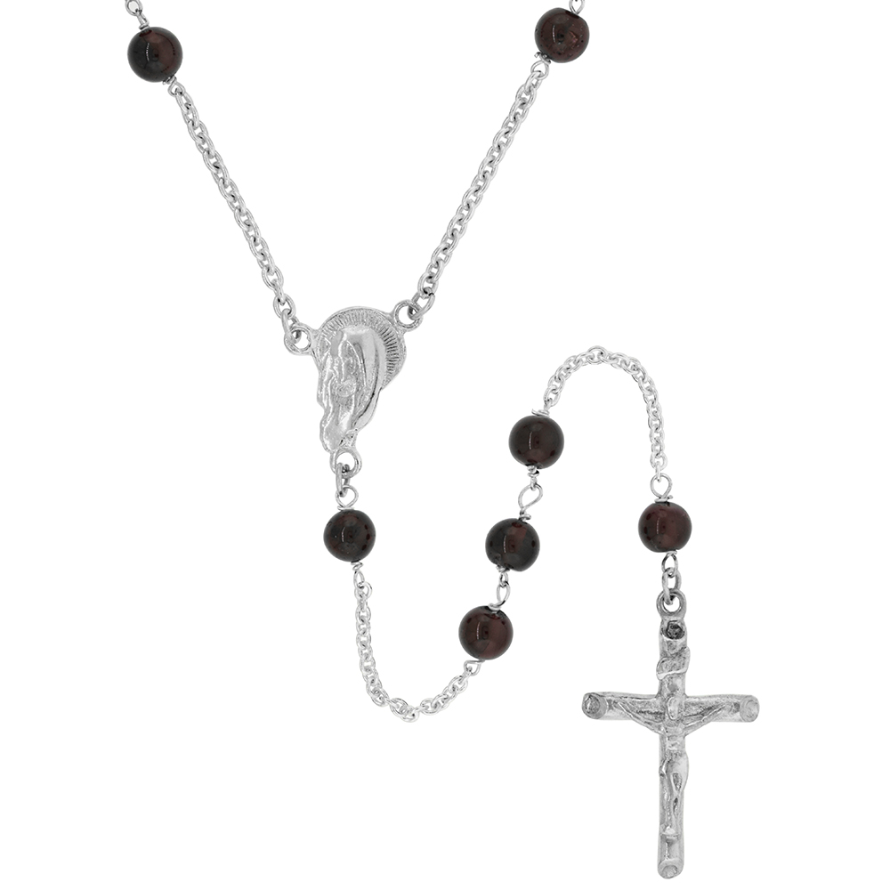Sterling Silver 4mm Genuine Garnet Beads Rosary Necklace 5mm Mother Mary Center 26 inch