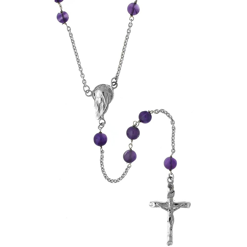 Sterling Silver 4mm Genuine Amethyst Rosary Necklace Mother Mary Center 26 inch
