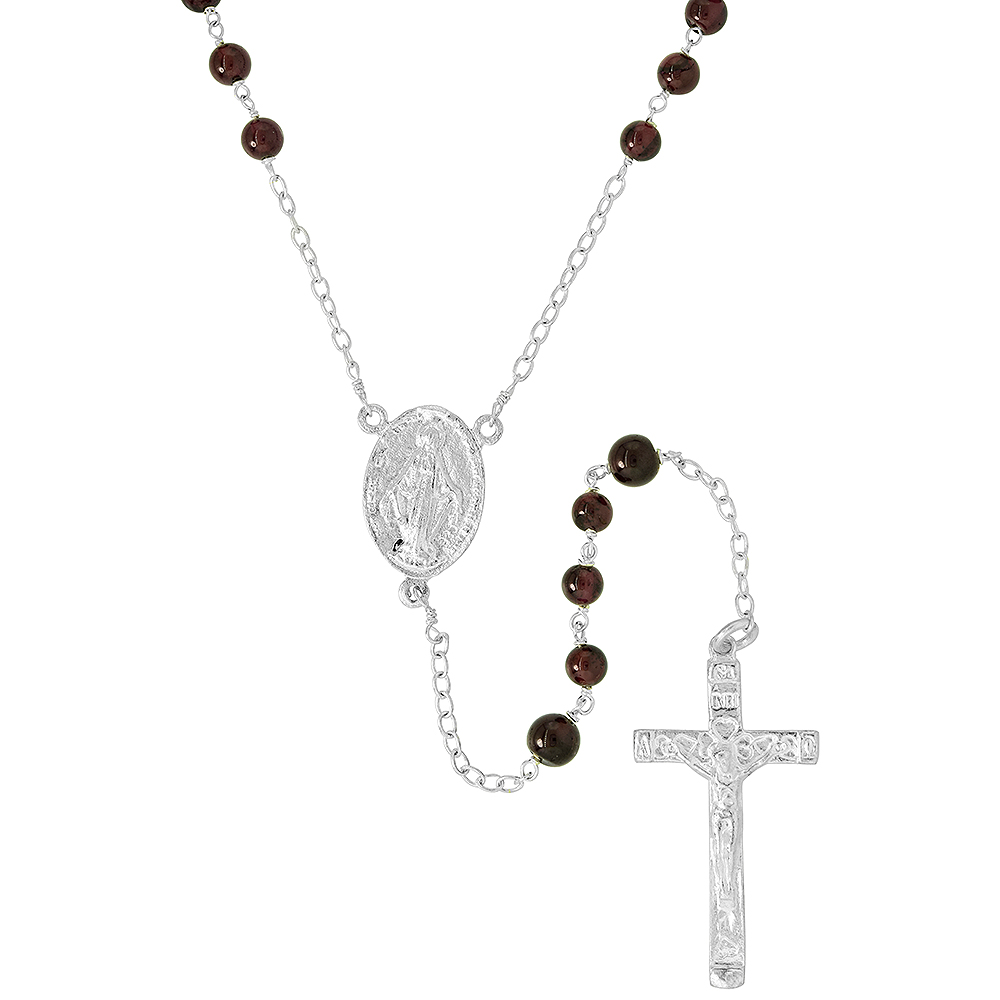 Sterling Silver 6mm Genuine Garnet Rosary Necklace Mother Mary & Sacred Heart of Jesus 30 inch