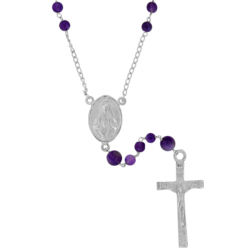 Sterling Silver Natural Amethyst Rosary Necklace 6mm Beads Mother Mary & Sacred Heart of Jesus Center, 30 inch