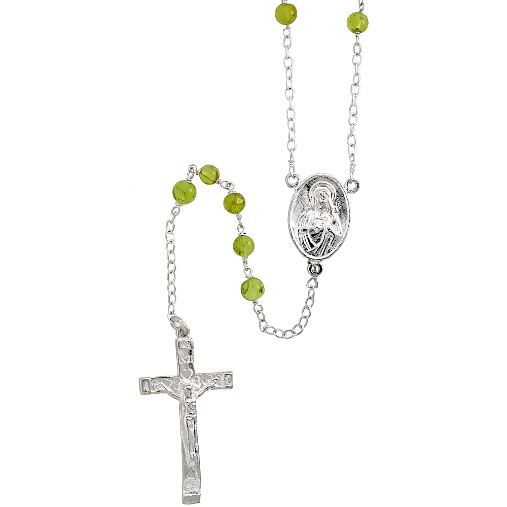 Sterling Silver 6mm Genuine Peridot Rosary Necklace Mother Mary & Sacred Heart of Jesus 30 inch