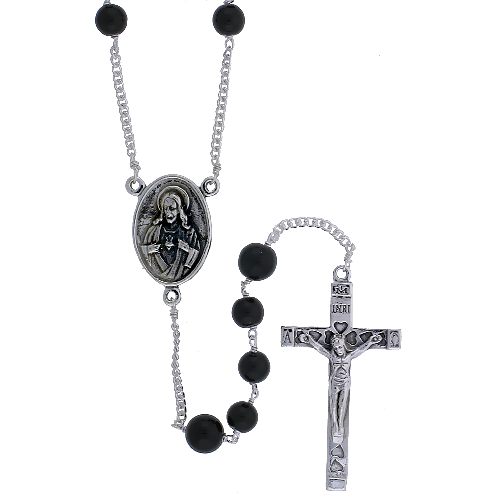 Sterling Silver Natural Black Onyx Rosary Necklace 6mm Beads Mother Mary & Sacred Heart of Jesus Center, 30 inch