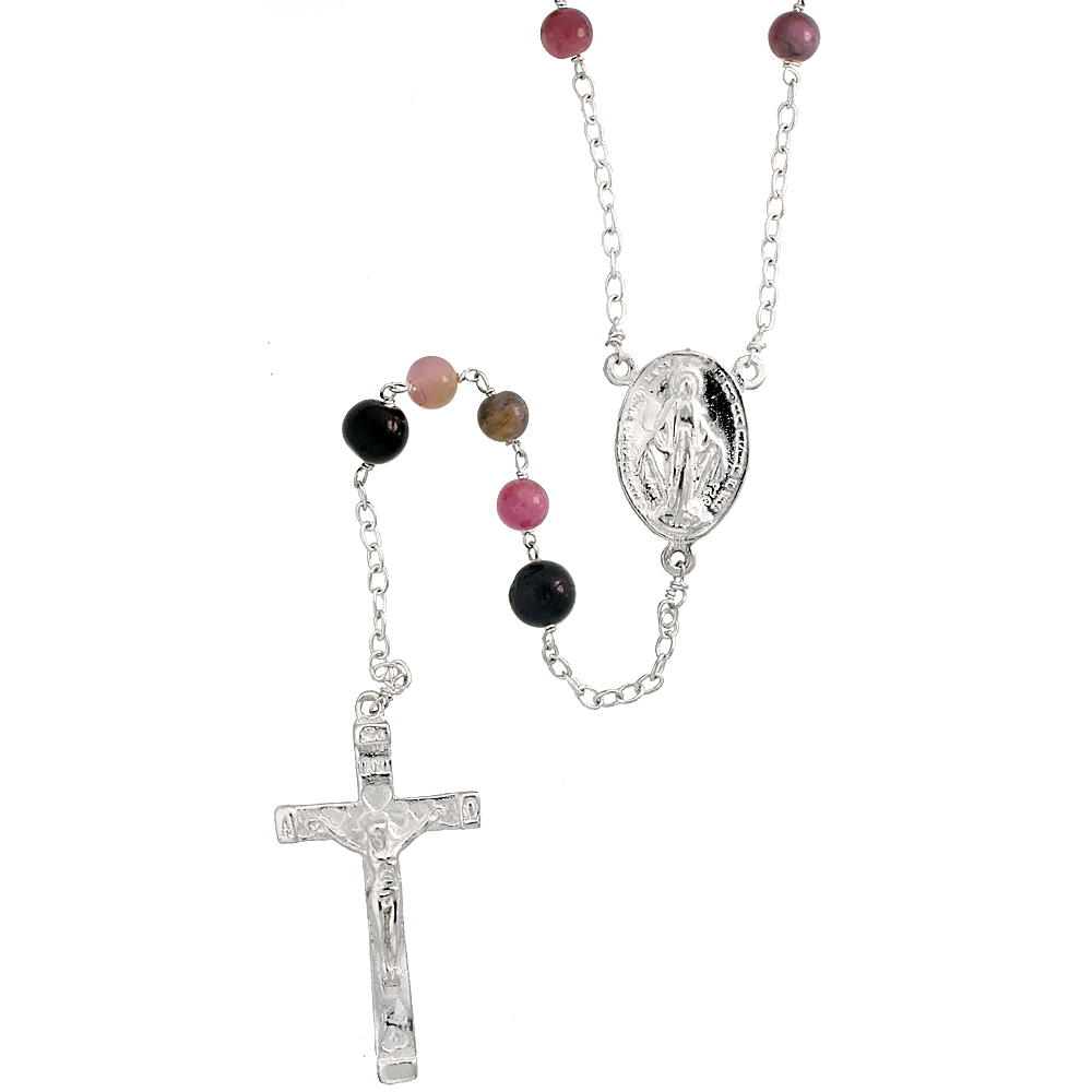 Sterling Silver 6mm Genuine Tourmaline Rosary Necklace Mother Mary &amp; Sacred Heart of Jesus 30 inch