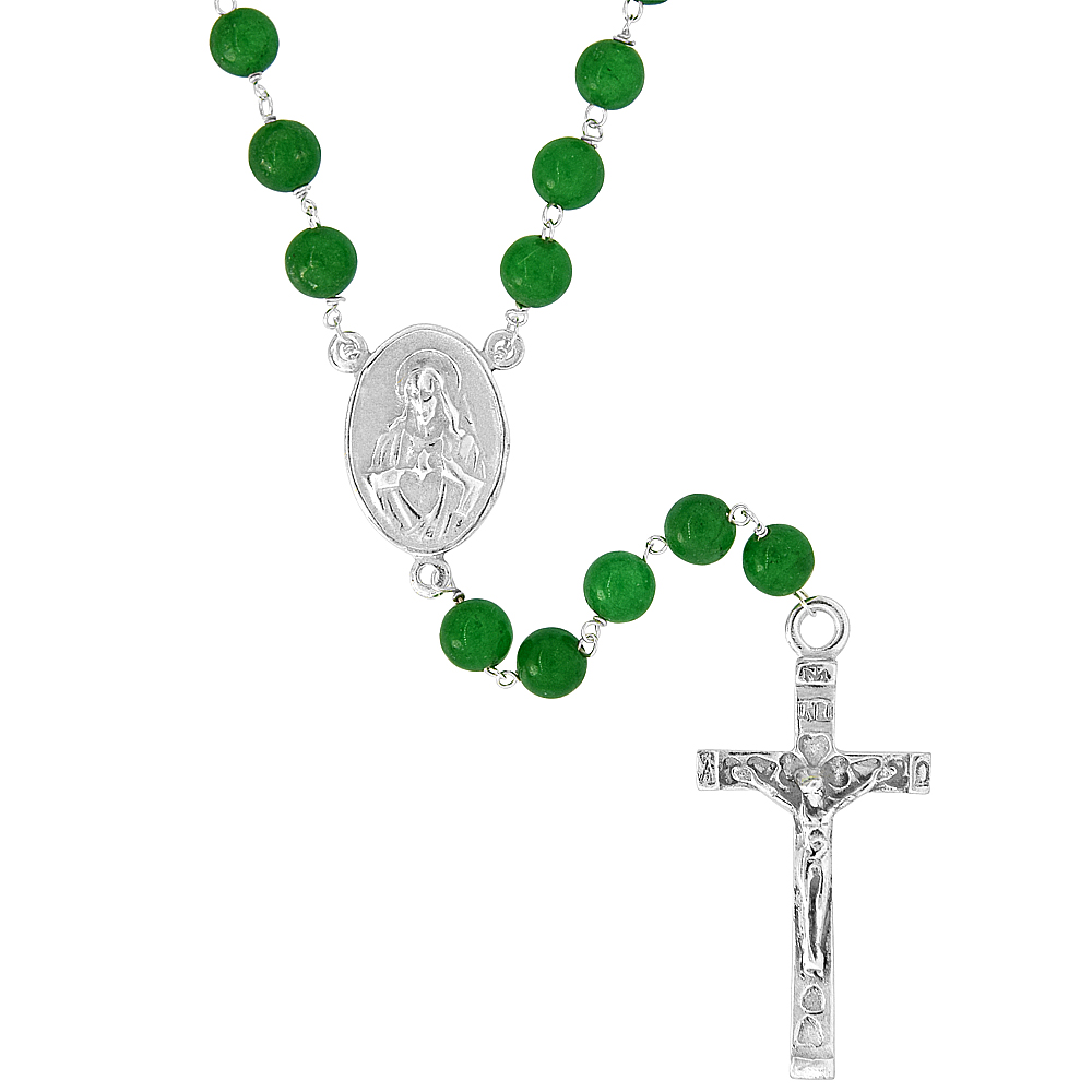 Sterling Silver Natural Green Onyx Rosary Necklace 6mm Beads Mother Mary &amp; Sacred Heart of Jesus Center, 30 inch