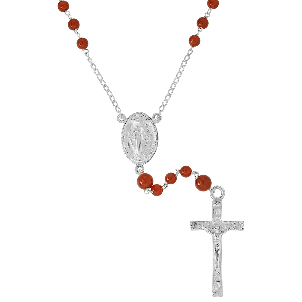 Sterling Silver 6mm Genuine Carnelian Rosary Necklace Mother Mary &amp; Sacred Heart of Jesus 30 inch