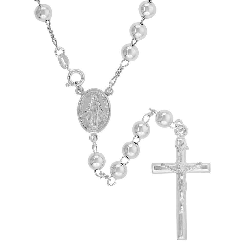 Sterling Silver 6mm Rosary Necklace for Women and Men Miraculous Medal Center Nickel Free Italy