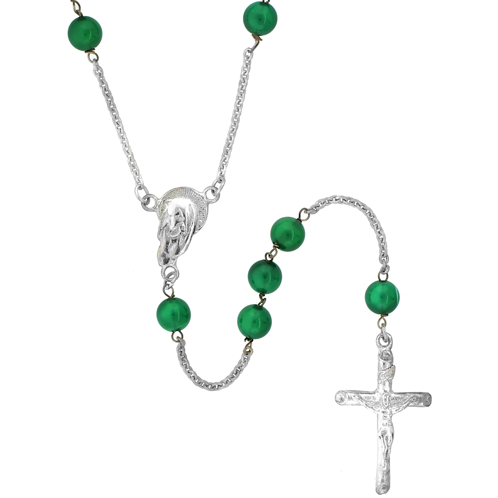 Sterling Silver Natural Green Onyx Rosary Necklace 6mm Beads Mother Mary Center, 26 inch