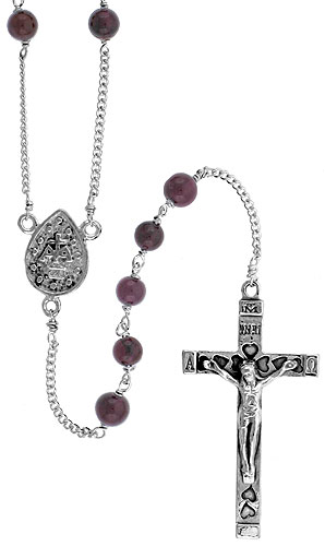 Sterling Silver Natural Garnet Rosary Necklace 6mm Beads Mother Mary Center, 30 inch
