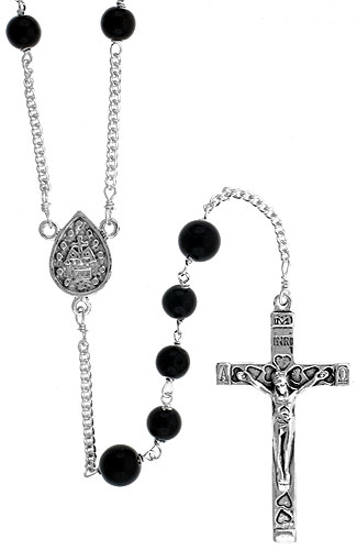 Sterling Silver Natural Black Onyx Rosary Necklace 6mm Beads Mother Mary Center, 30 inch