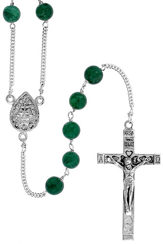 Sterling Silver Natural Green Onyx Rosary Necklace 6mm Beads Mother Mary Center, 30 inch