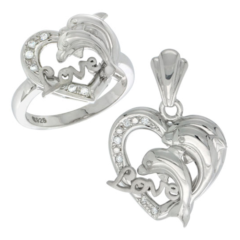 Sterling Silver DOLPHINS HEART LOVE Ring & Pendant Set CZ Stones Rhodium Finished
