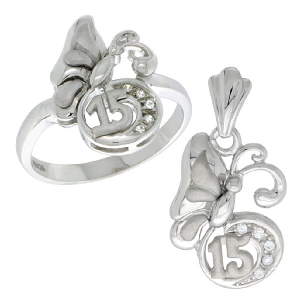 Sterling Silver Quinceanera 15 Anos Butterfly Ring & Pendant Set CZ Stones Rhodium Finished