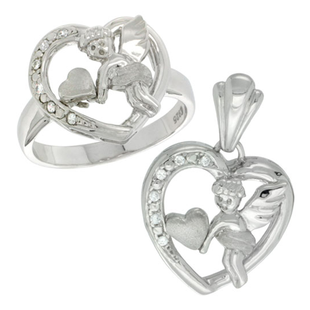 Sterling Silver Cupid Heart Ring & Pendant Set CZ Stones Rhodium Finished