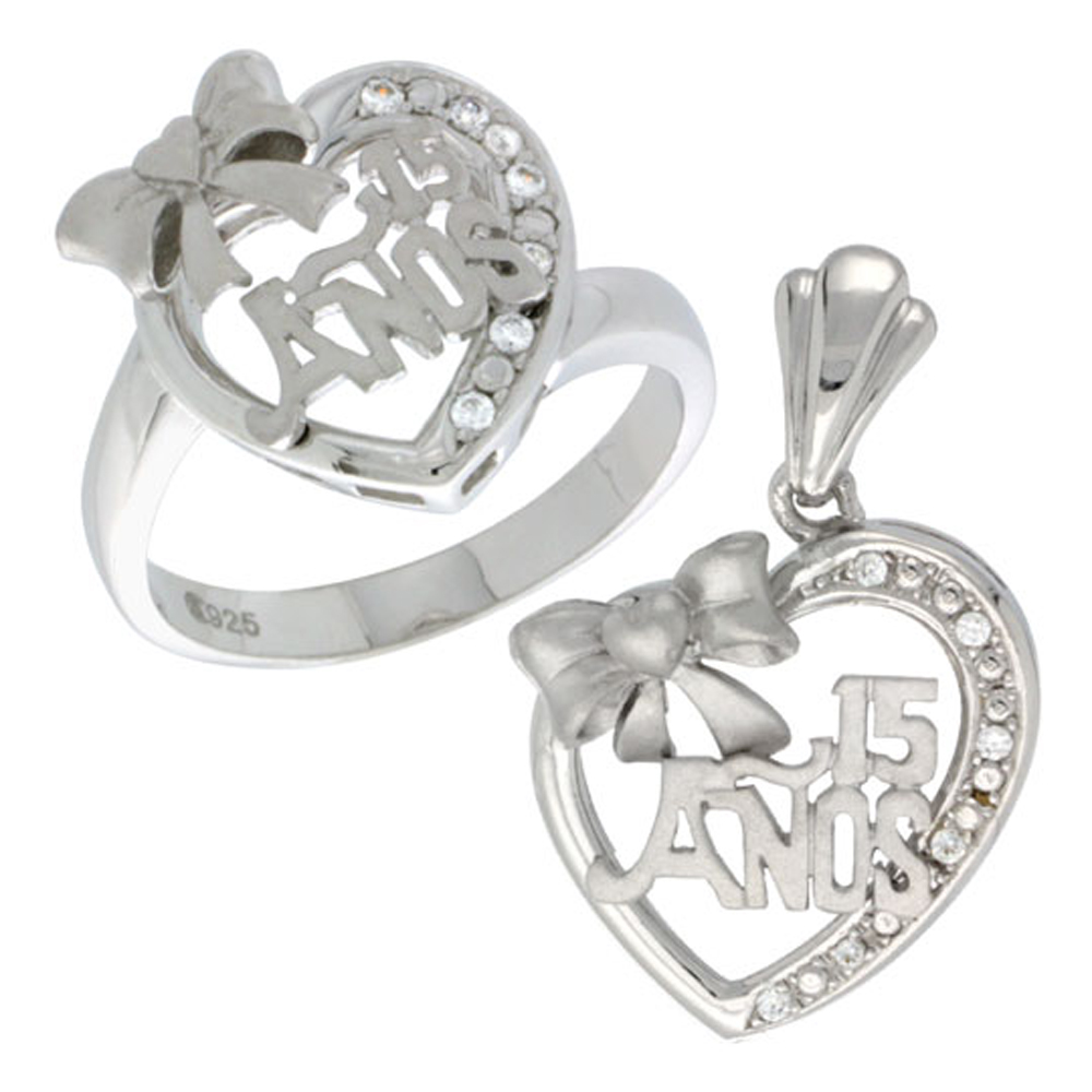 Sterling Silver Quinceanera 15 Anos Bow Heart Ring & Pendant Set CZ Stones Rhodium Finished