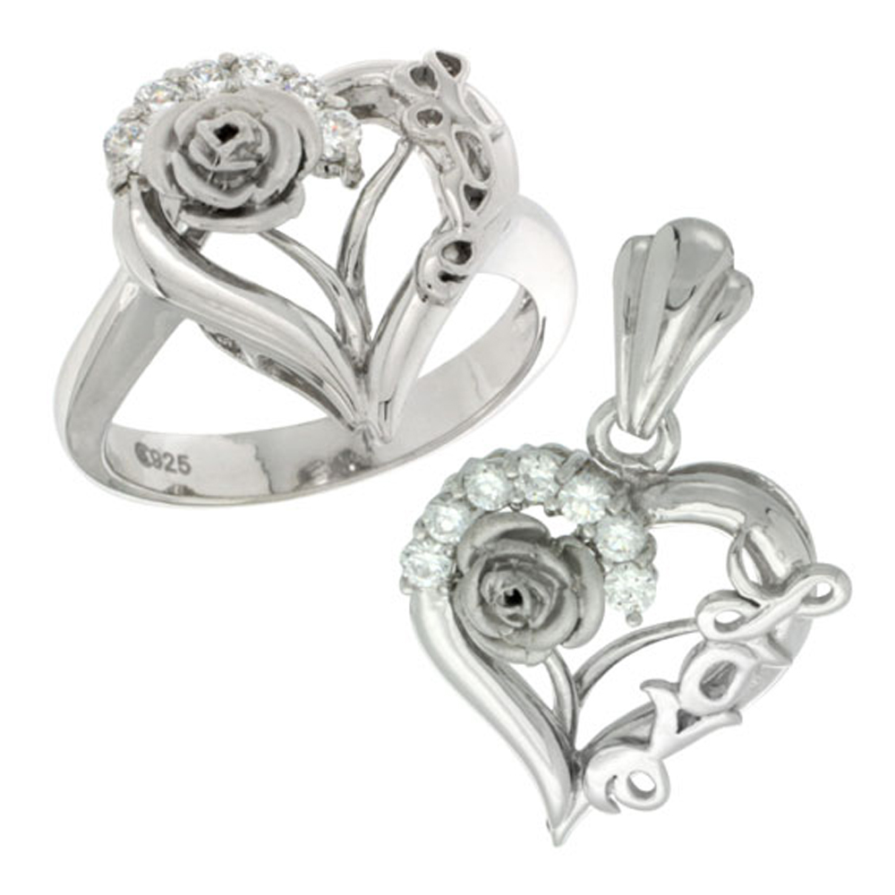 Sterling Silver LOVE Rose Heart Ring & Pendant Set CZ Stones Rhodium Finished