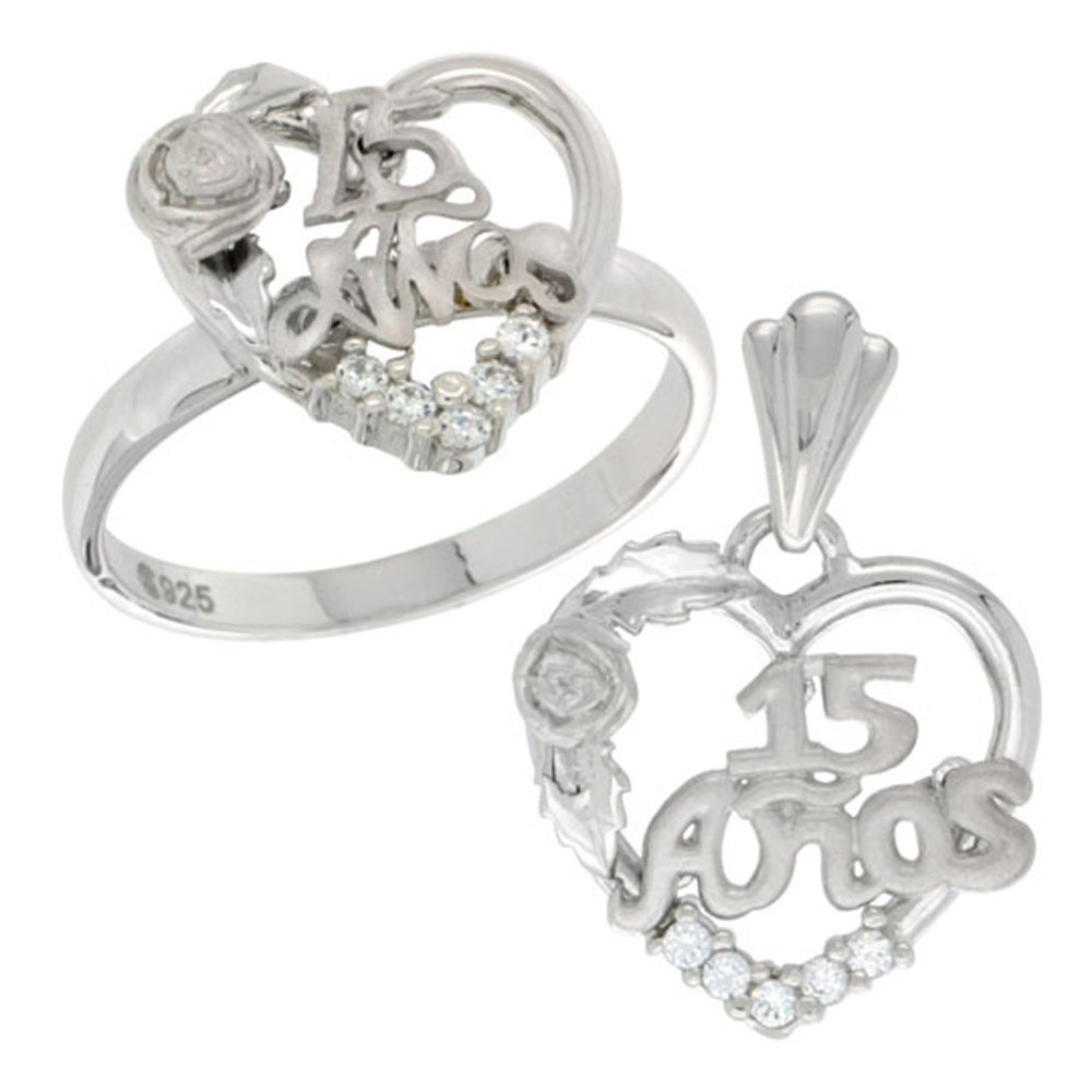 Sterling Silver Quinceanera 15 Anos Rose Ring &amp; Pendant Set CZ Stones Rhodium Finished
