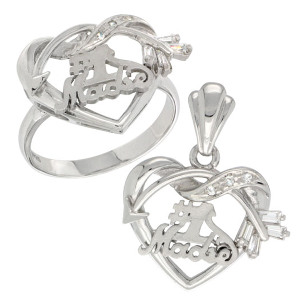 Sterling Silver #1 Madre Cupid&#039;s Bow Heart Ring &amp; Pendant Set CZ Stones Rhodium Finished