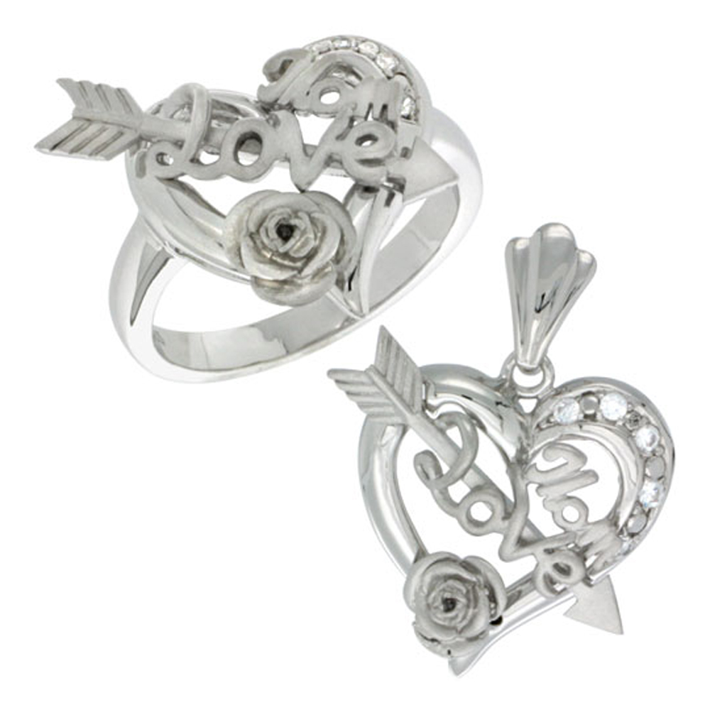 Sterling Silver LOVE MOM Cupid's Bow & Rose Heart Ring & Pendant Set CZ Stones Rhodium Finished