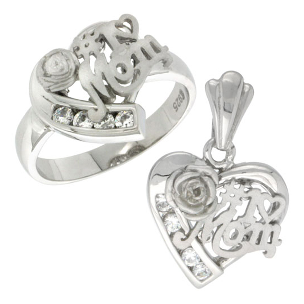 Sterling Silver #1 MOM Heart Love Ring & Pendant Set CZ Stones Rhodium Finished