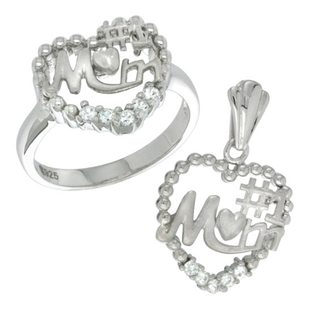 Sterling Silver #1 MOM Heart Ring &amp; Pendant Set CZ Stones Rhodium Finished