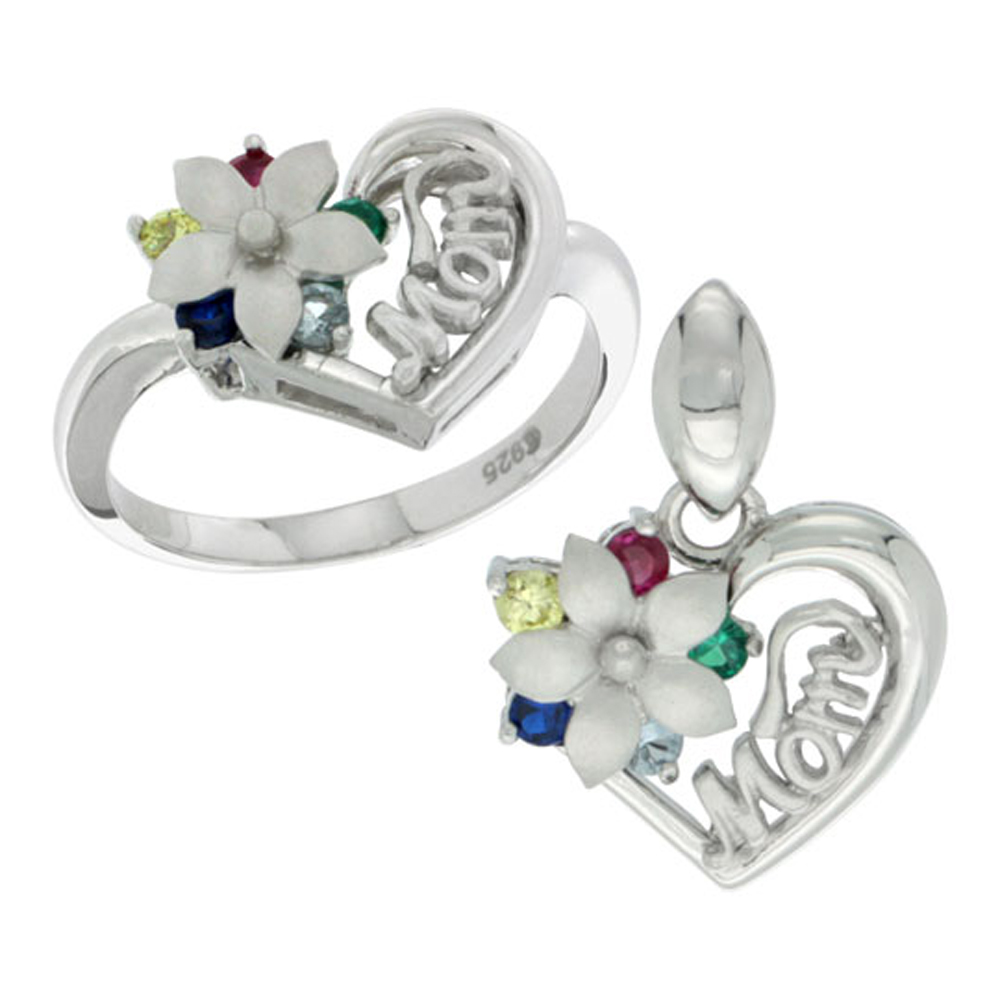 Sterling Silver Heart Mom Ring &amp; Pendant Set with Flower &amp; Color CZ stones, Rhodium Finished
