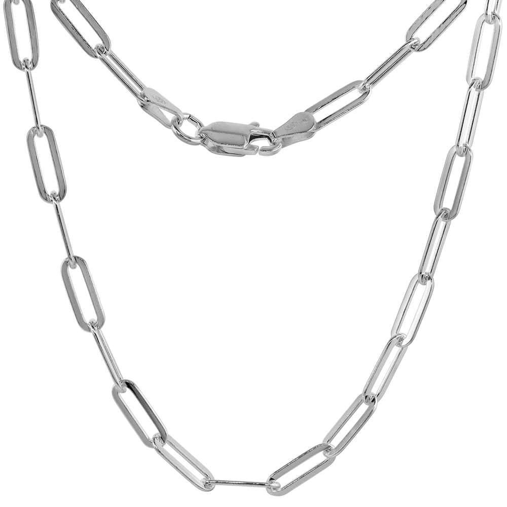 Sterling Silver 4mm Paperclip Chain Necklace for Women & Men Nickel Free Italy sizes 7 - 30 inch