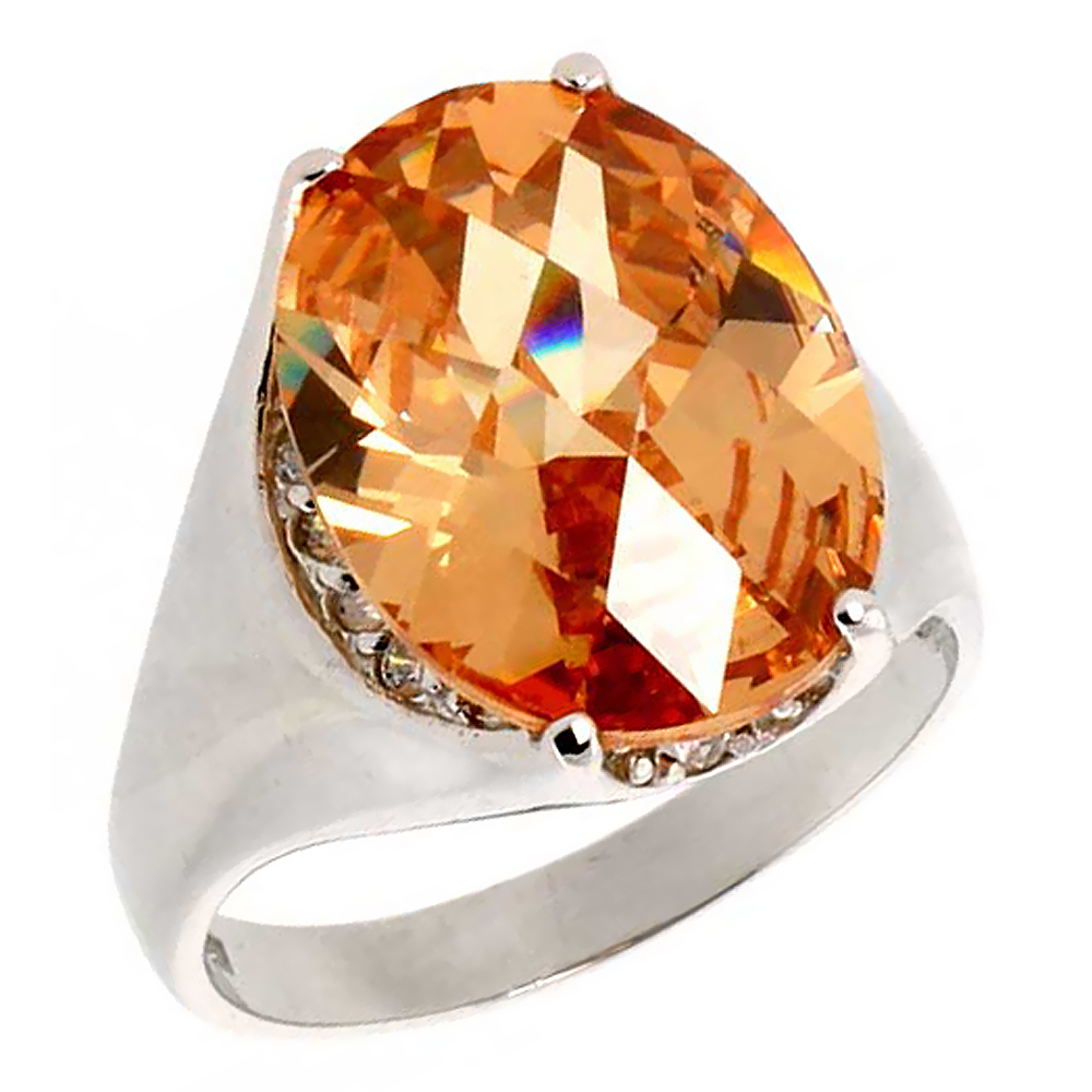 Sterling Silver Large Golden Orange Cubic Zirconia Ring Oval 5/8 inch long, sizes 6 - 9