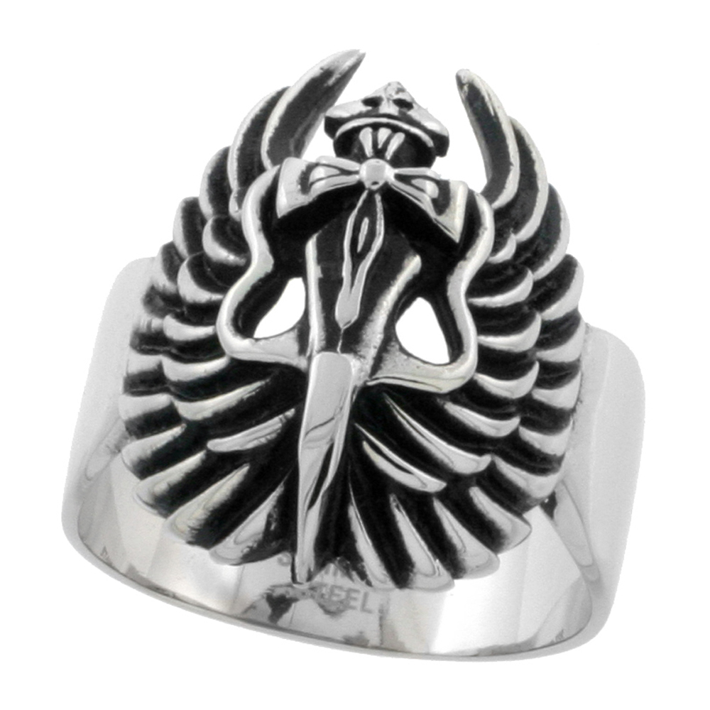 Stainless Steel Dagger Cross & Wings Ring Biker Rings for men 1 1/16 inch sizes 9 - 15