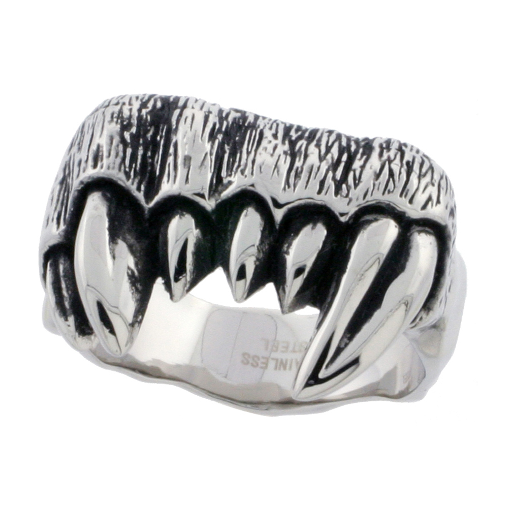 STAINLESS STEEL FANGS BIKER RING FOR MEN 3/4 INCH SIZES 9 - 15