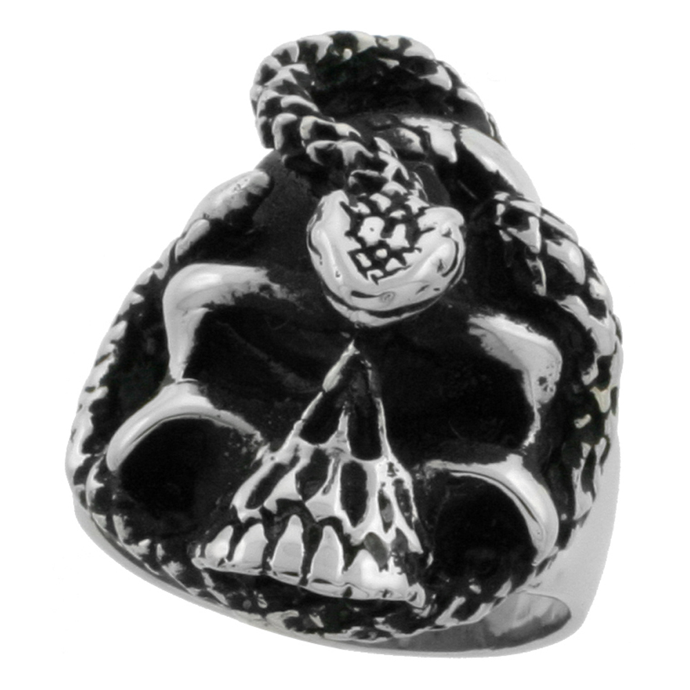 STAINLESS STEEL SKULL RING SNAKE BIKER RING FOR MEN 1 3/16 INCH SIZES 9 - 15