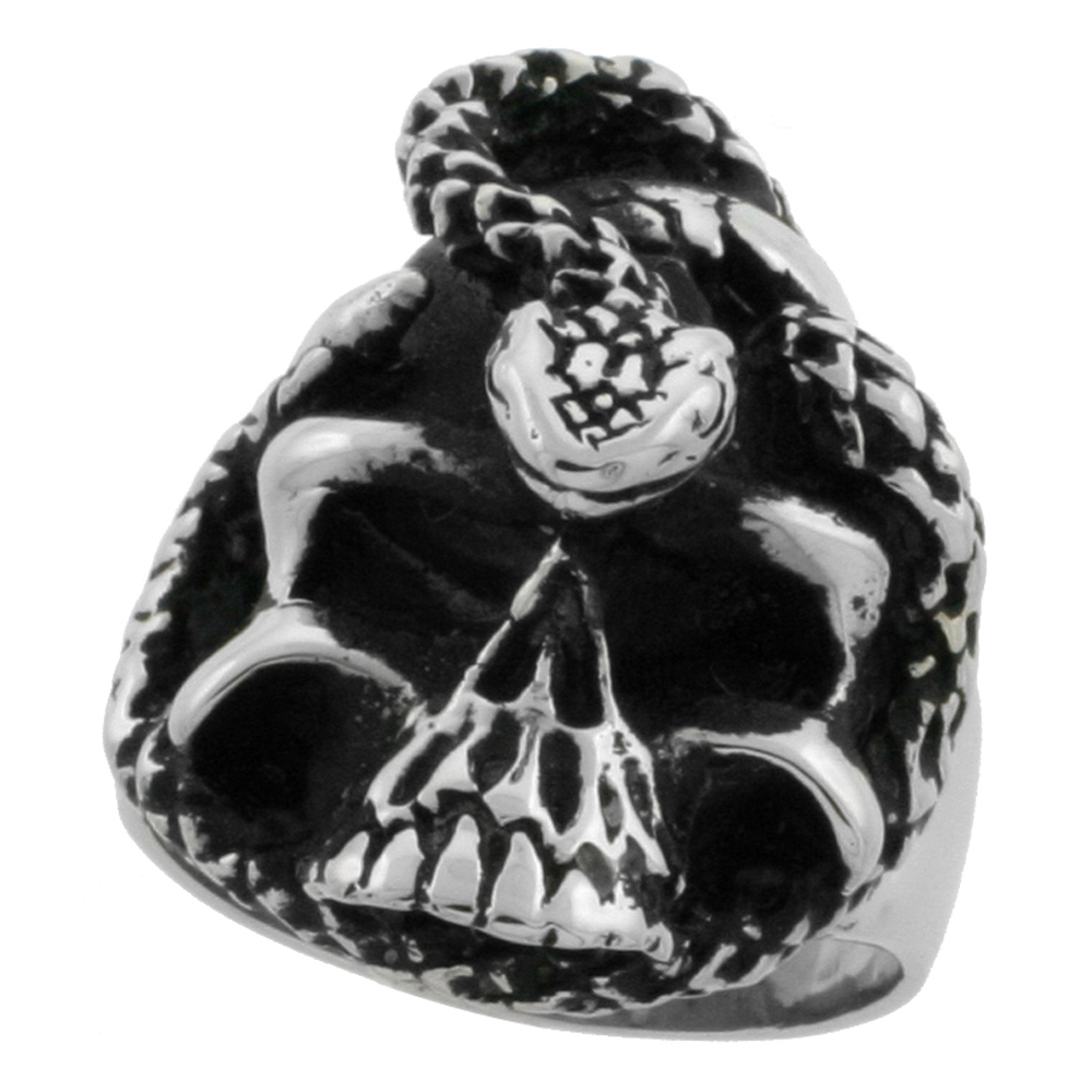 Stainless Steel Skull Ring Snake biker Rings for men 1 3/16 inch, sizes 9 - 15
