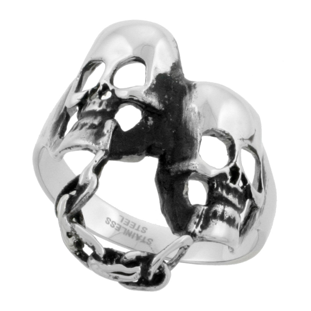 STAINLESS STEEL CHAINED DOUBLE SKULL BIKER RING FOR MEN 1 3/16 INCH SIZES 9 - 15