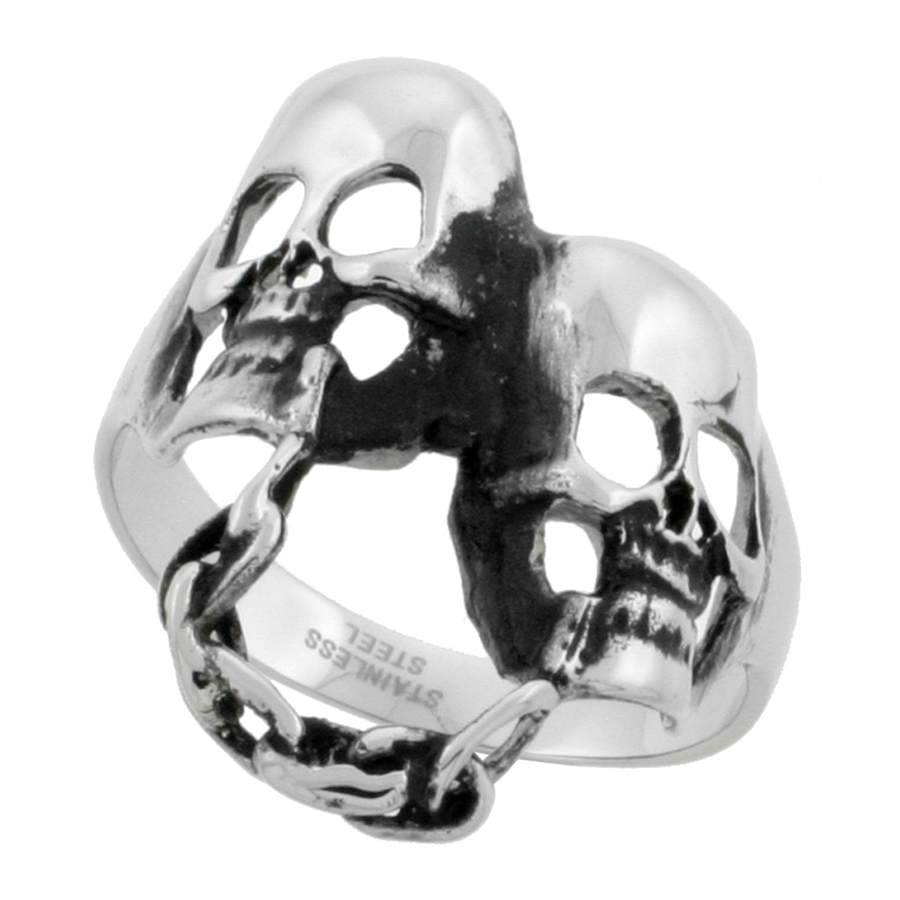 Stainless Steel Chained Double Skull Ring Biker Rings for men 1 3/16 inch, sizes 9 - 15