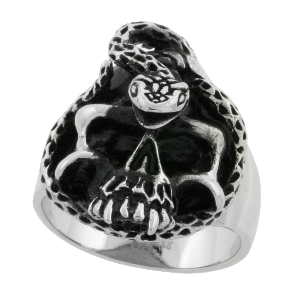 STAINLESS STEEL SKULL RING SNAKE BIKER RING FOR MEN 1 3/16 INCH SIZES 9 - 15
