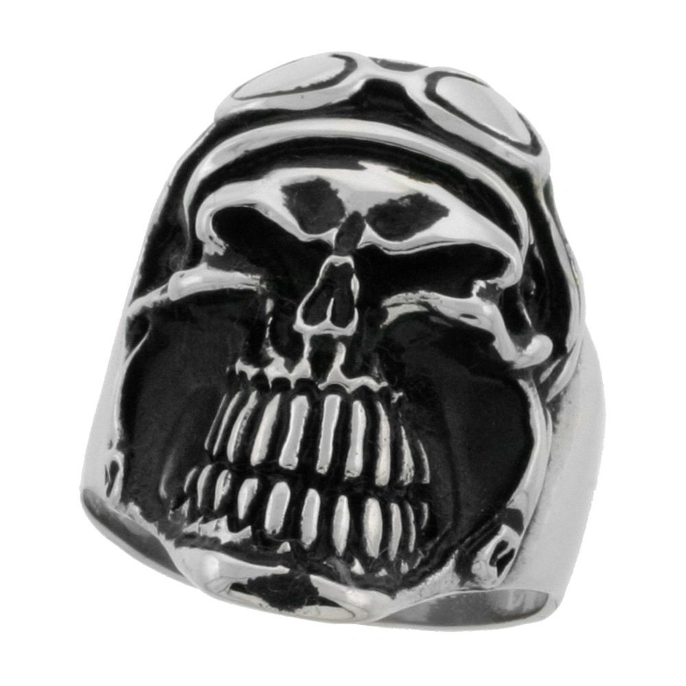 STAINLESS STEEL SKULL RING HELMET AND GOGGLES BIKER RING FOR MEN 1 1/4 INCH SIZES 10 - 15