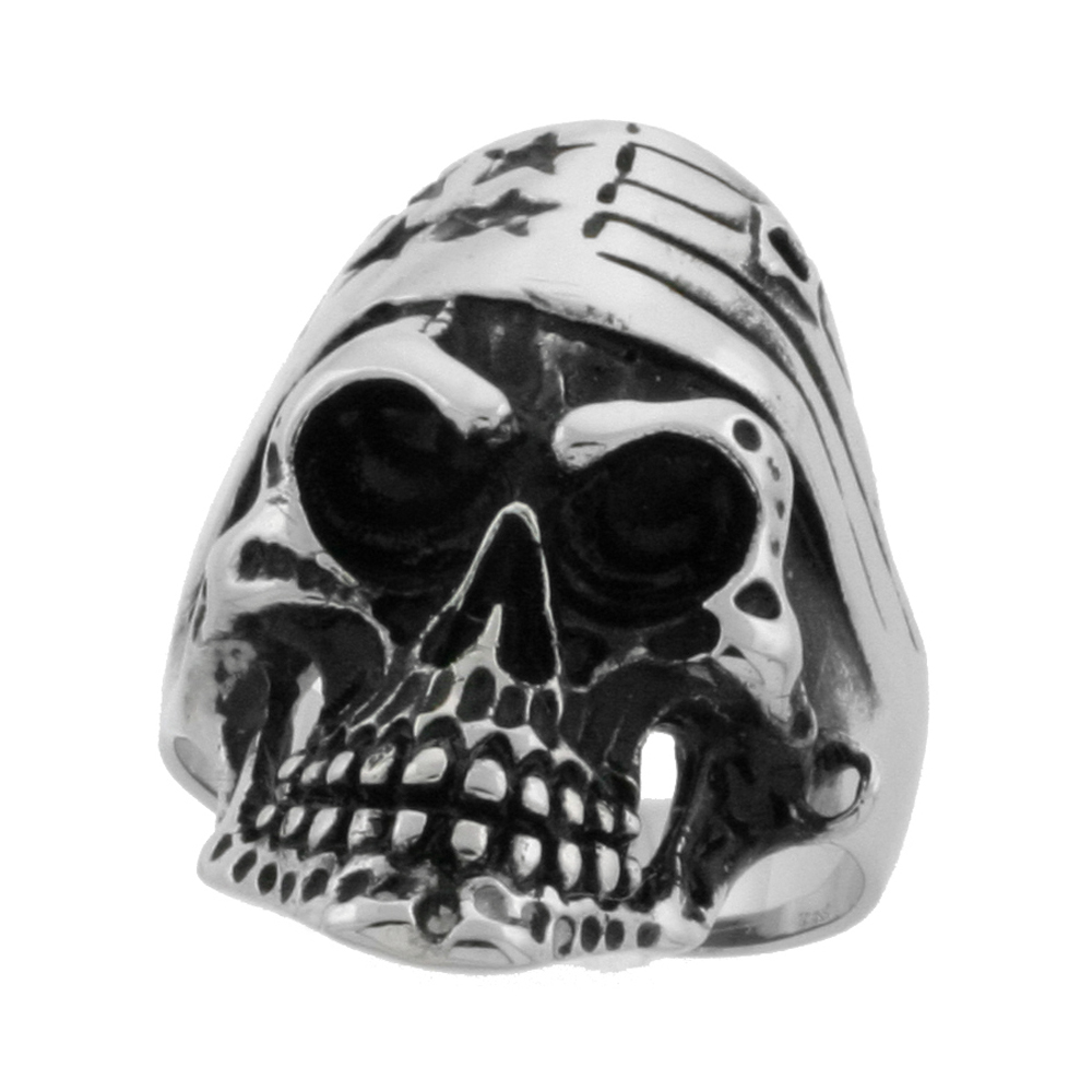 SURGICAL STAINLESS STEEL BIKER SKULL RING WITH AMERICAN FLAG BANDANA 1 5/16 INCH WIDE SIZES 8 - 15