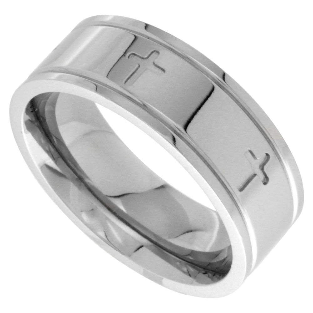 Surgical Stainless Steel 8mm Cross Wedding Band Ring Comfort-fit, sizes 6 - 14