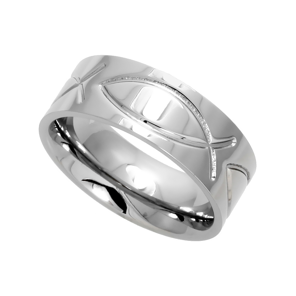 8MM SURGICAL STAINLESS STEEL CHRISTIAN FISH WEDDING BAND ICHTHYS RING COMFORT-FIT SIZES 6 - 14