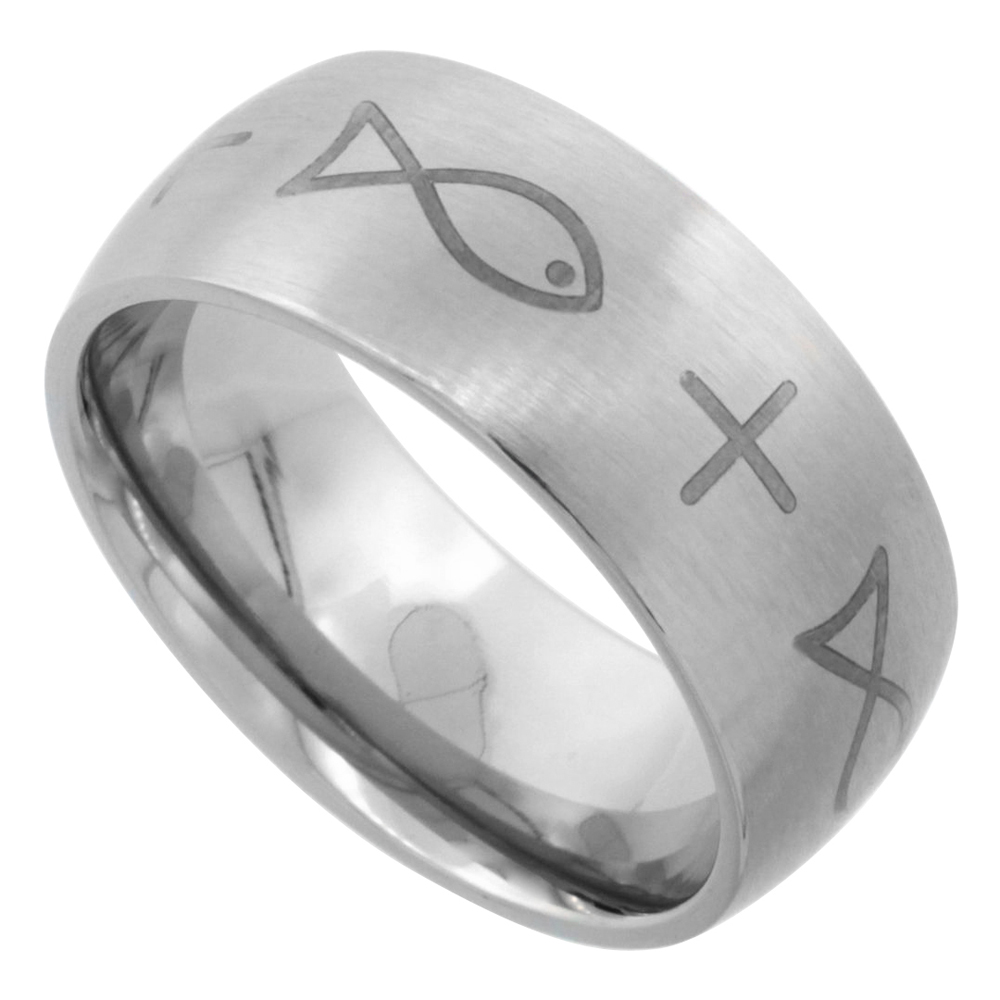 9mm Surgical Stainless Steel Christian Fish Wedding Band Ichthys Ring Domed Comfort-Fit, sizes 7 - 14
