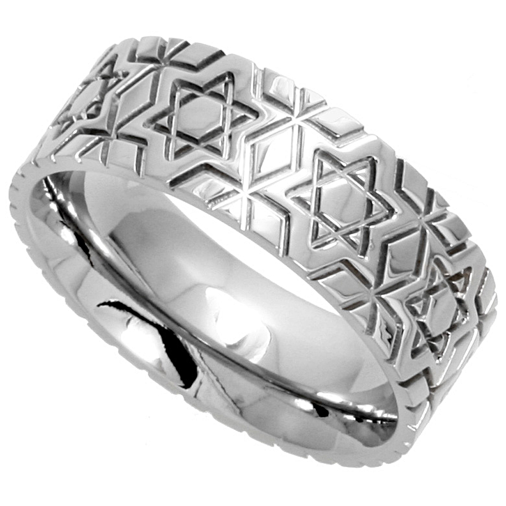 SURGICAL STAINLESS STEEL 8MM WEDDING BAND RING STAR OF DAVID PATTERN COMFORT-FIT SIZES 6 - 14