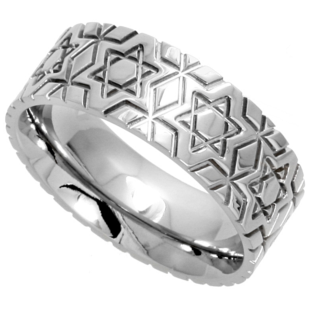 Surgical Stainless Steel 8mm Wedding Band Ring Star Of David Pattern Comfort-Fit, sizes 6 - 14