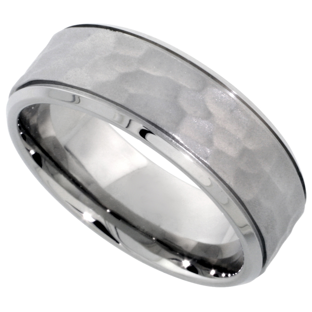Surgical Stainless Steel 8mm Hammered Wedding Band Ring Grooved Beveled Edges Comfort-Fit, sizes 8 - 14