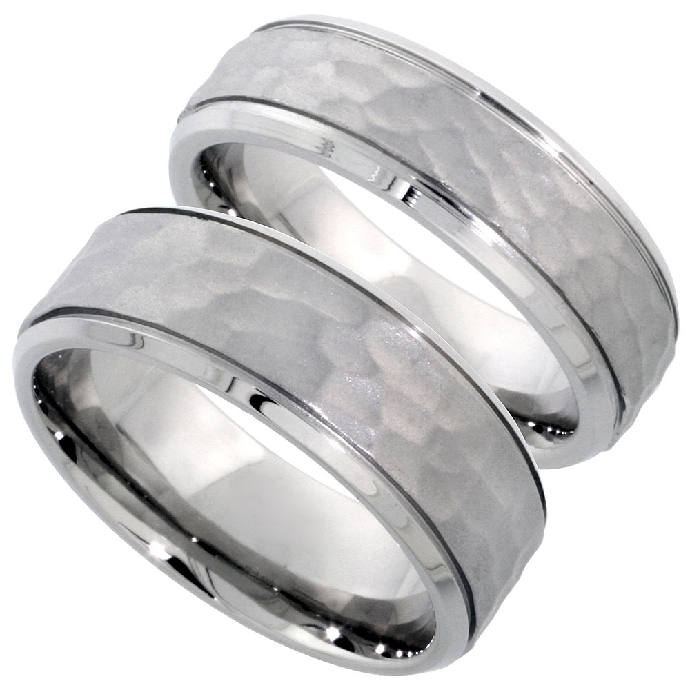 Stainless Steel Wedding Band Set Hammered 8 & 6 mm His & Hers Comfort Fit, sizes 5 - 14