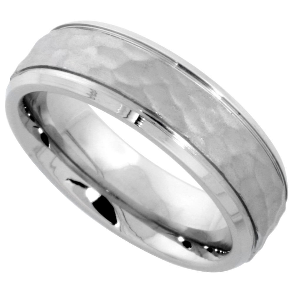 SURGICAL STAINLESS STEEL 6MM HAMMERED WEDDING BAND RING GROOVED BEVELED EDGES COMFORT-FIT SIZES 5 - 9